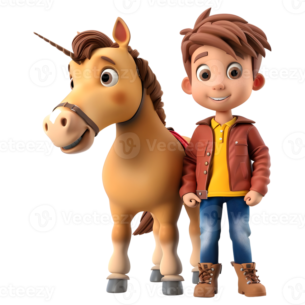 AI generated 3D Rendering of a Cartoon of Boy Standing With Horse on Transparent Background - Ai Generated png