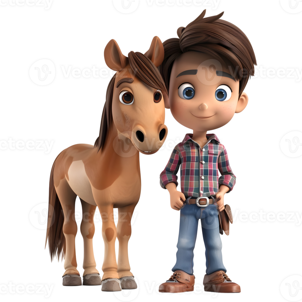 ai gerado 3d Renderização do uma desenho animado do Garoto em pé com cavalo em transparente fundo - ai gerado png