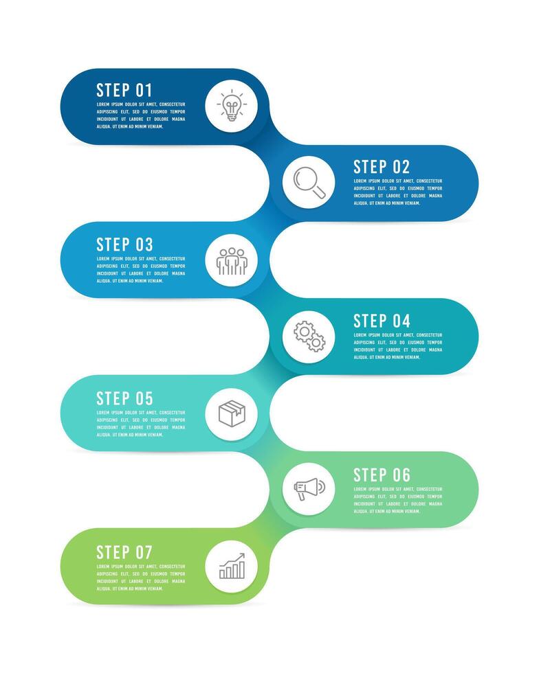 7 workflow processes for success Infographic vertical design template. Business presentation, Report, Timeline. Vector illustration.