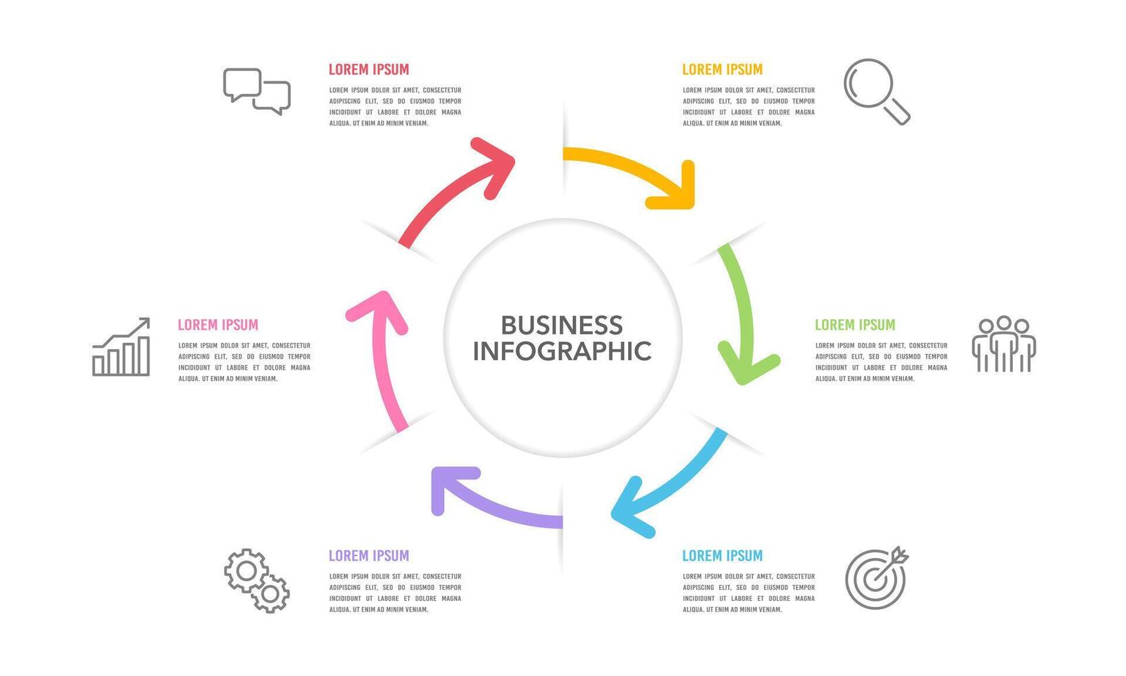 Concept of 6 step circular business process. Infographic arrow design template. Presentation, Project. Vector illustration.