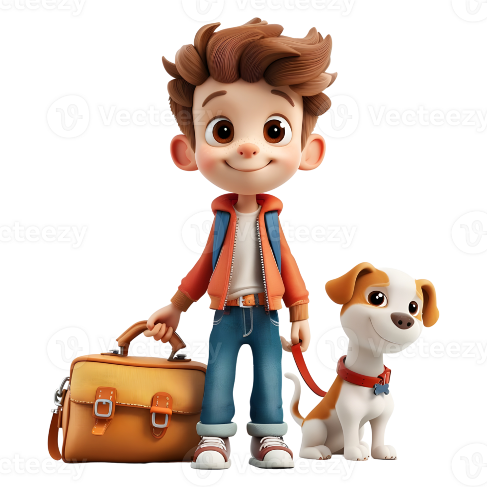 ai generado 3d representación de un dibujos animados de chico en pie con perro en transparente antecedentes - ai generado png