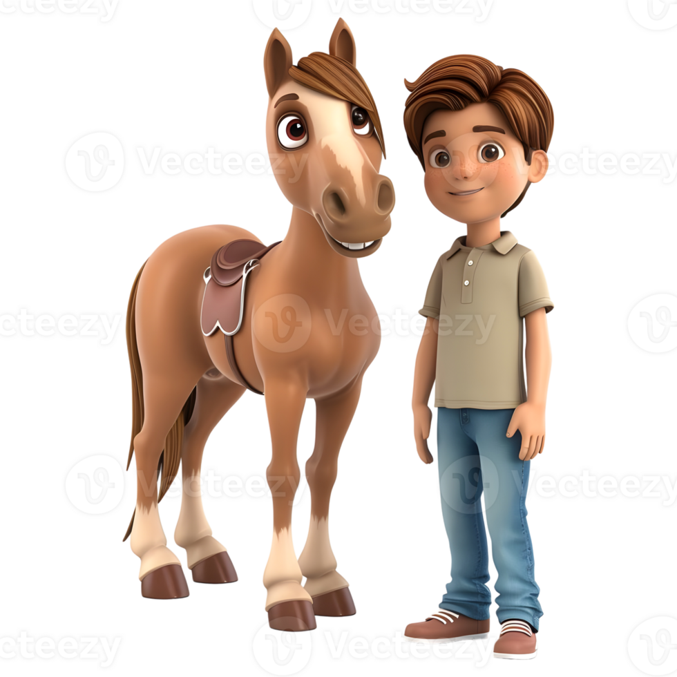 ai genererad 3d tolkning av en tecknad serie av pojke stående med häst på transparent bakgrund - ai genererad png