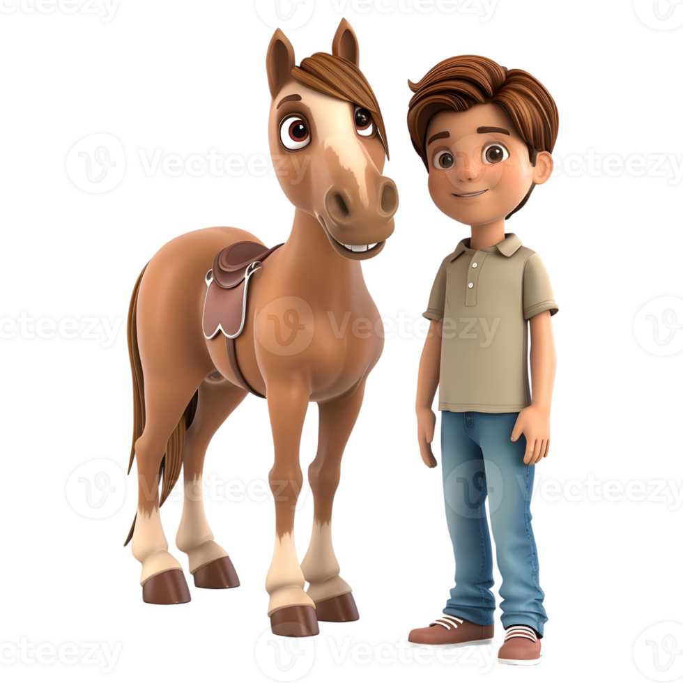 ai généré 3d le rendu de une dessin animé de garçon permanent avec cheval sur transparent Contexte - ai généré png