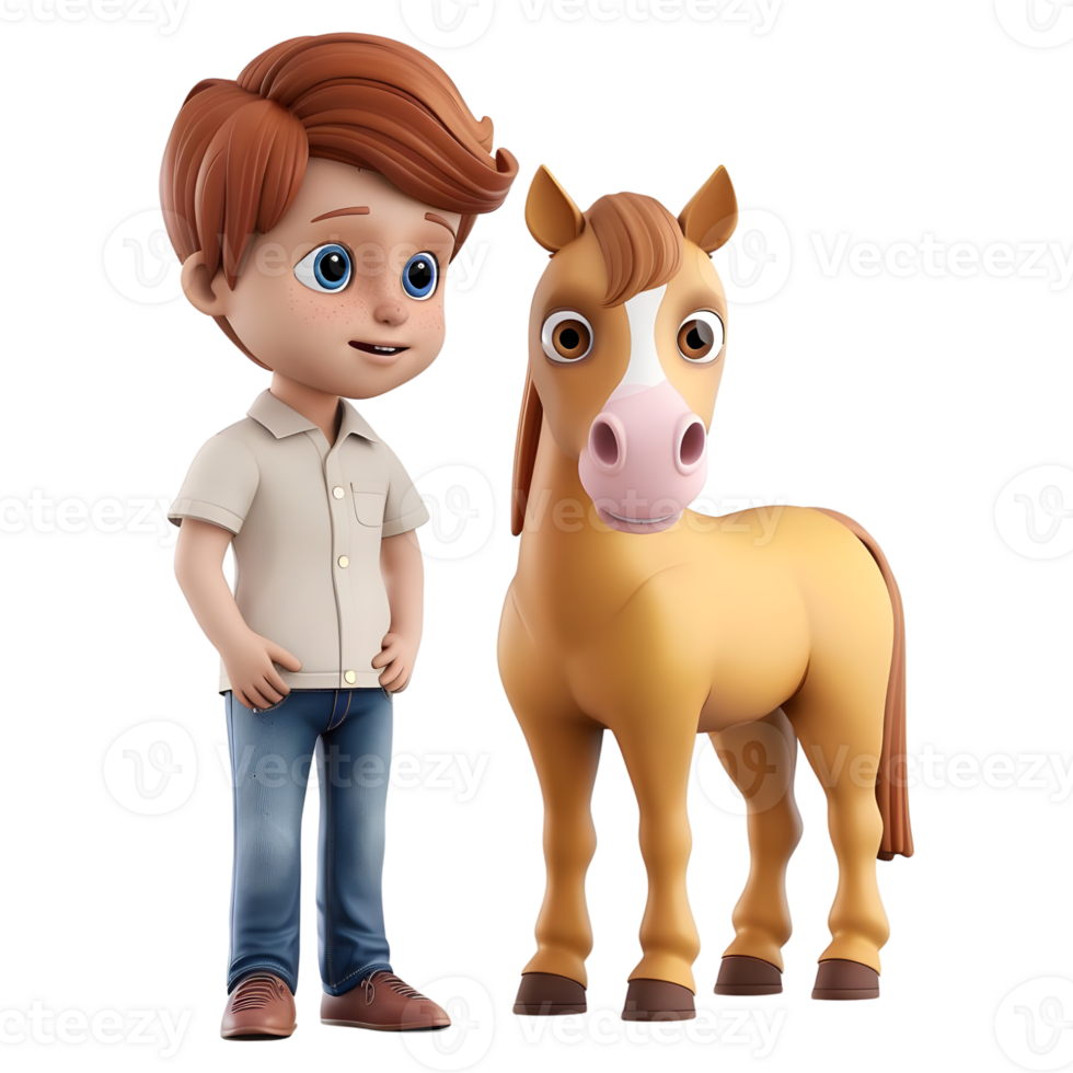 ai gegenereerd 3d renderen van een tekenfilm van jongen staand met paard Aan transparant achtergrond - ai gegenereerd png