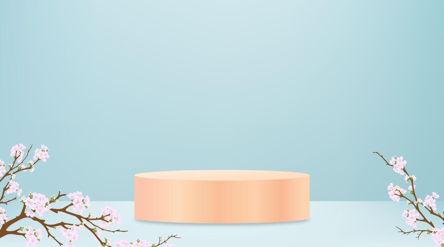 Spring background,Studio Room with 3D Podium Display with Cherry Blossoming on Blue Wall Background,Vector illustration backdrop Sakura flower frame border for Mother Day,Valentines,Easter Banner vector