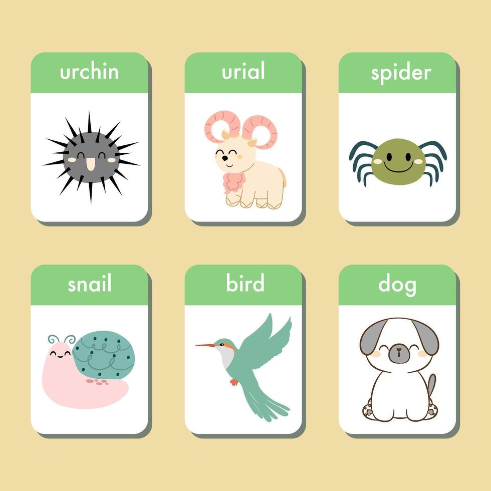 animales tarjetas didácticas colección para niños. destello tarjetas conjunto con linda caracteres para practicando leyendo habilidades. pilluelo, urial, araña, pájaro y perro. vector ilustración.