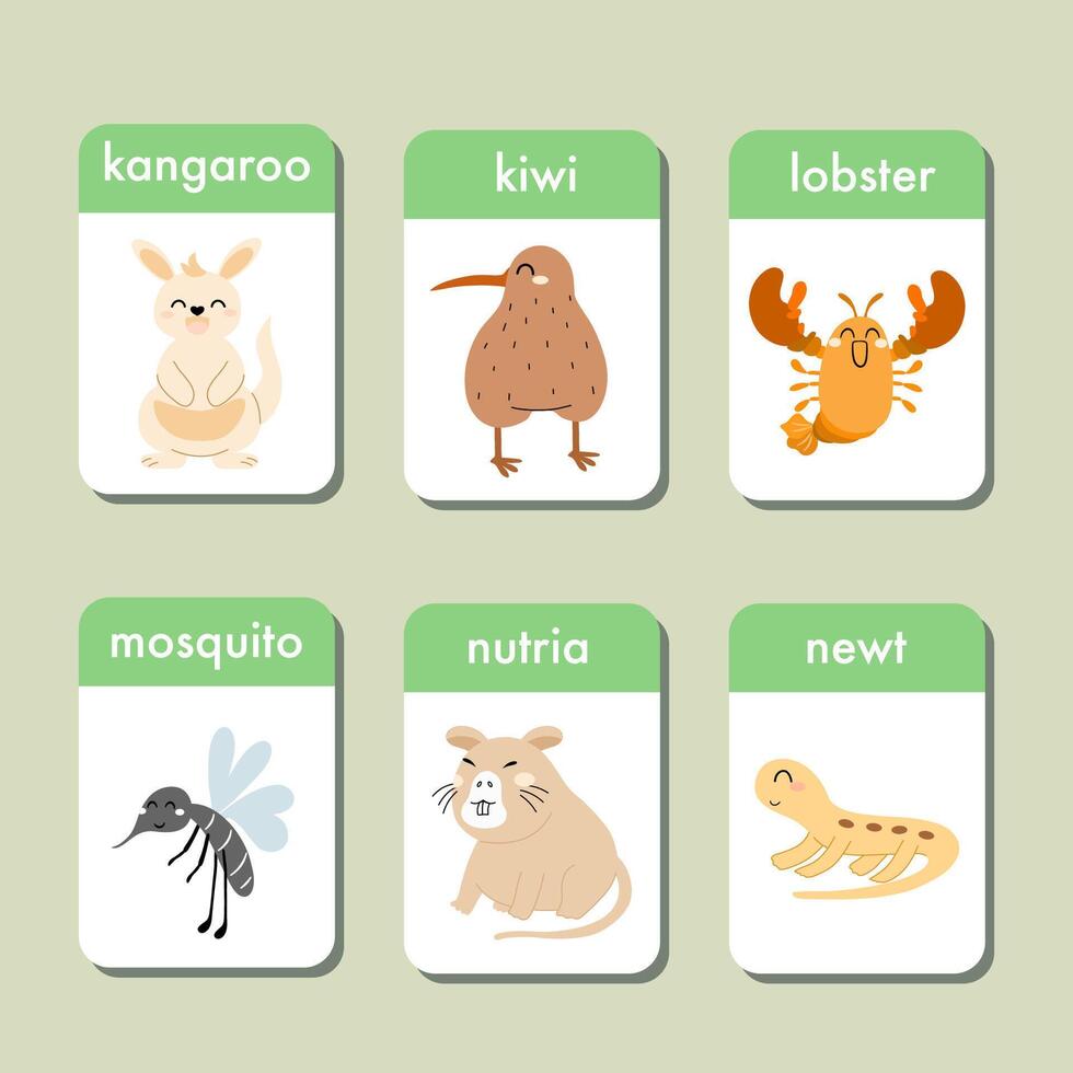 Animals flashcards collection for kids. Flash cards set with cute characters for practicing reading skills. Kangaroo, kiwi, lobster, mosquito, nutria and newt. Vector illustration.