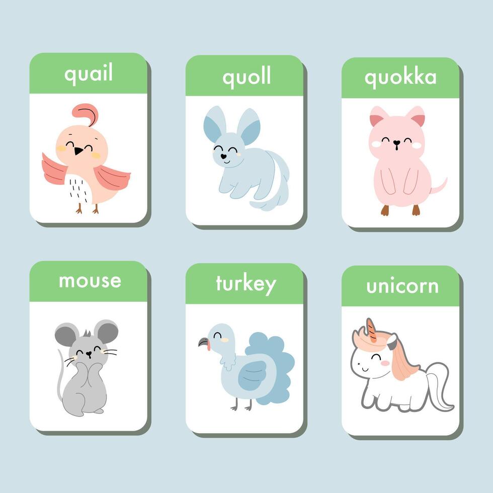 Animals flashcards collection for kids. Flash cards set with cute characters for practicing reading skills. Quail, quoll, quokka, mouse, turkey and unicorn. Vector illustration.