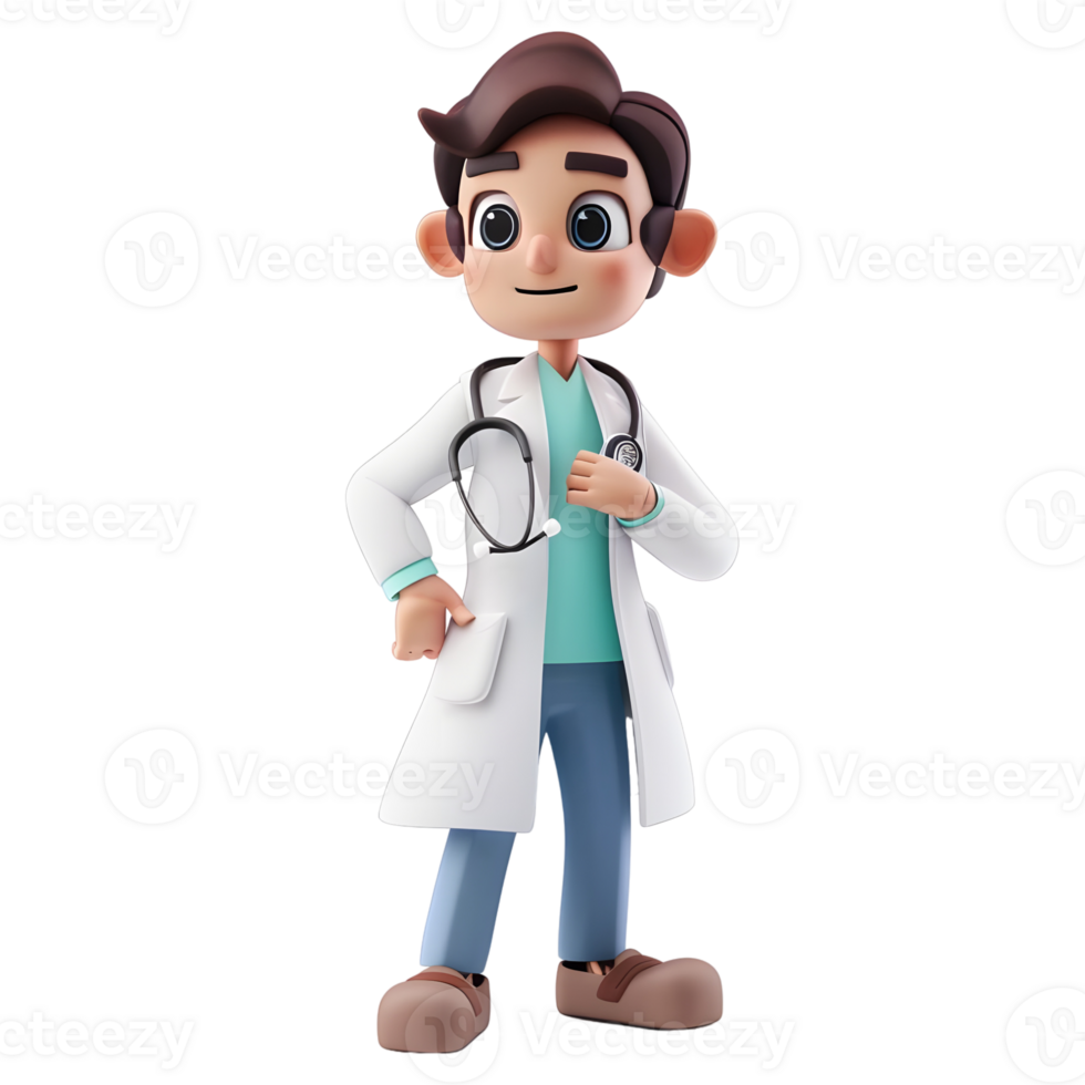 ai généré 3d le rendu de une dessin animé de médecin avec stéthoscope permanent sur transparent Contexte - ai généré png