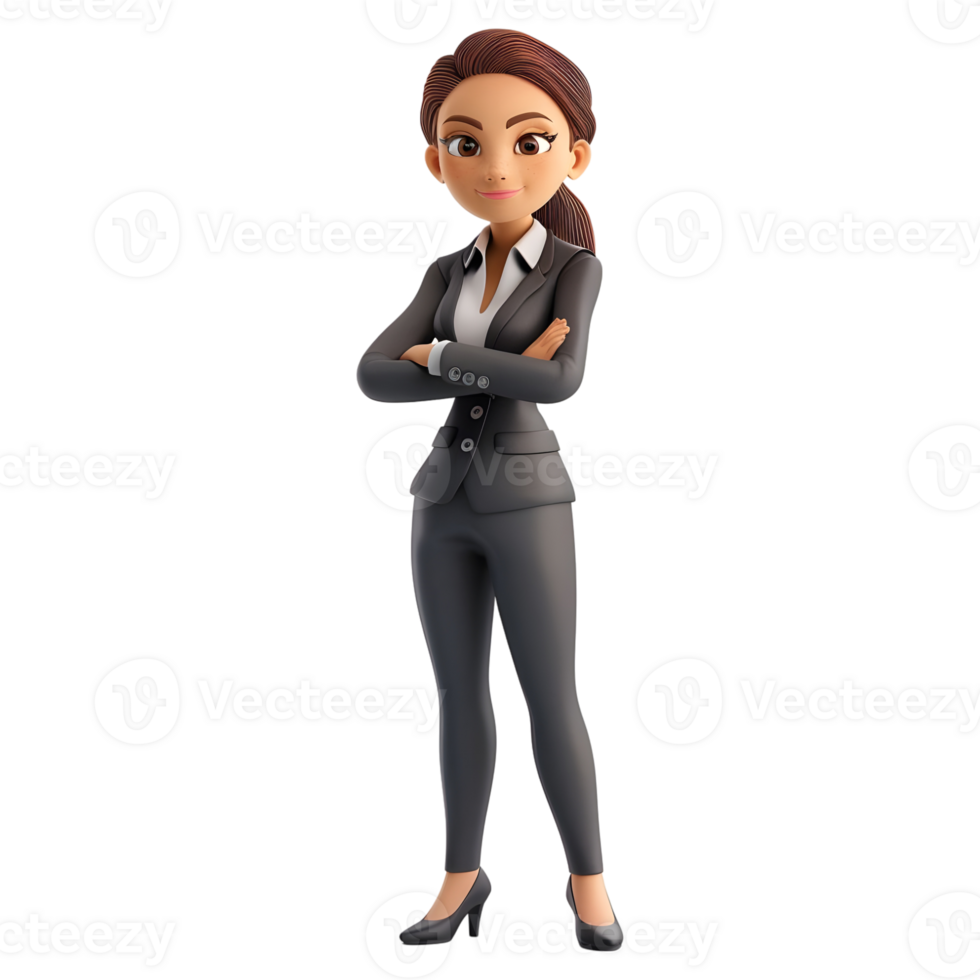ai gerado 3d Renderização do uma desenho animado do o negócio mulher em pé com cruzado braços em transparente fundo - ai gerado png