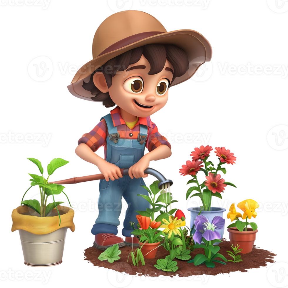 AI generated 3D Rendering of a Cartoon of Young Boy Planting Trees on Transparent Background - Ai Generated png