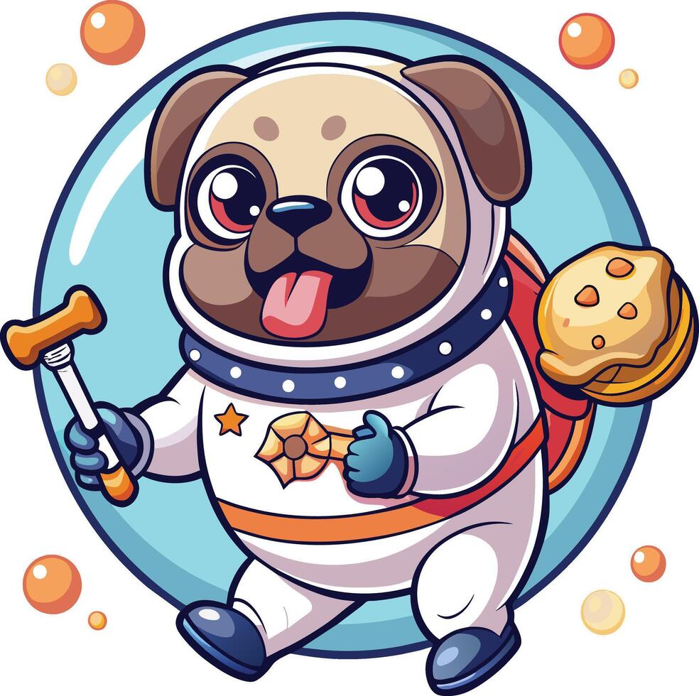 Cute cartoon pug dog astronaut with bone and cookie. Vector illustration.