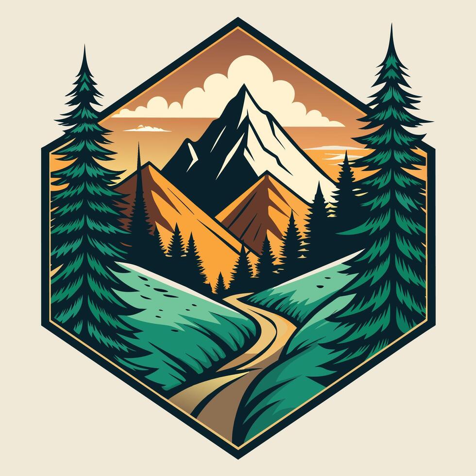 Mountain landscape with pine trees and road  vector illustration