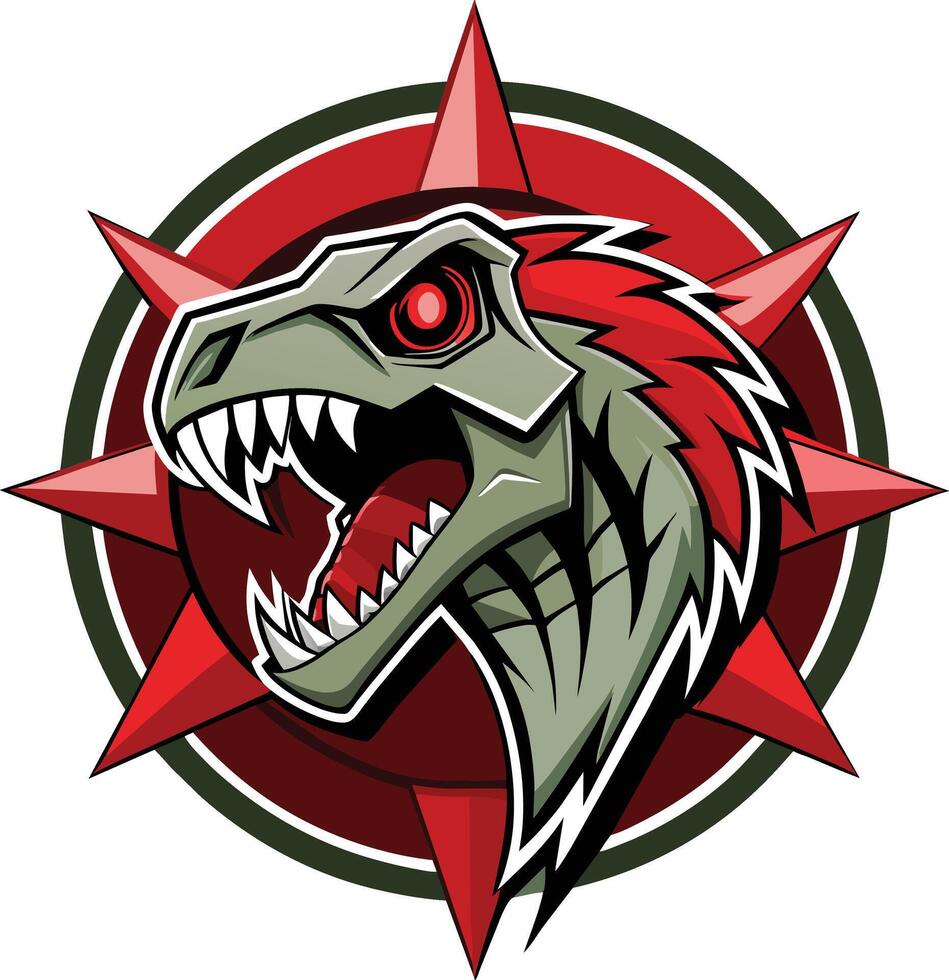 Dragon head with sharp teeth and red star. Vector illustration.