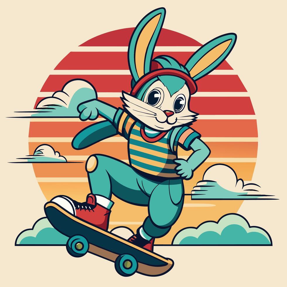 rabbit with skateboard and sun in the sky vector illustration