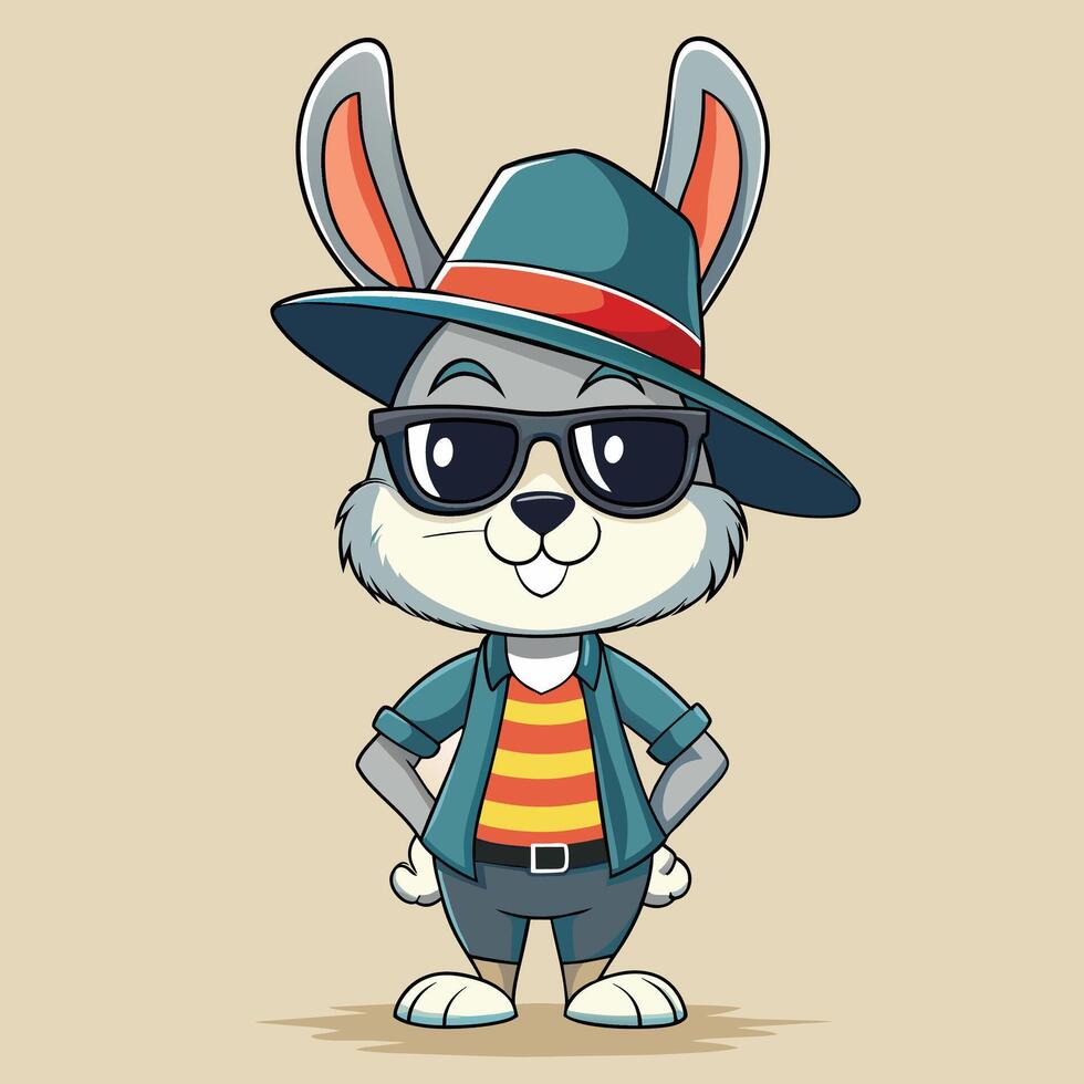 Conejo en hipster sombrero y gafas de sol.dibujos animados ilustración. vector