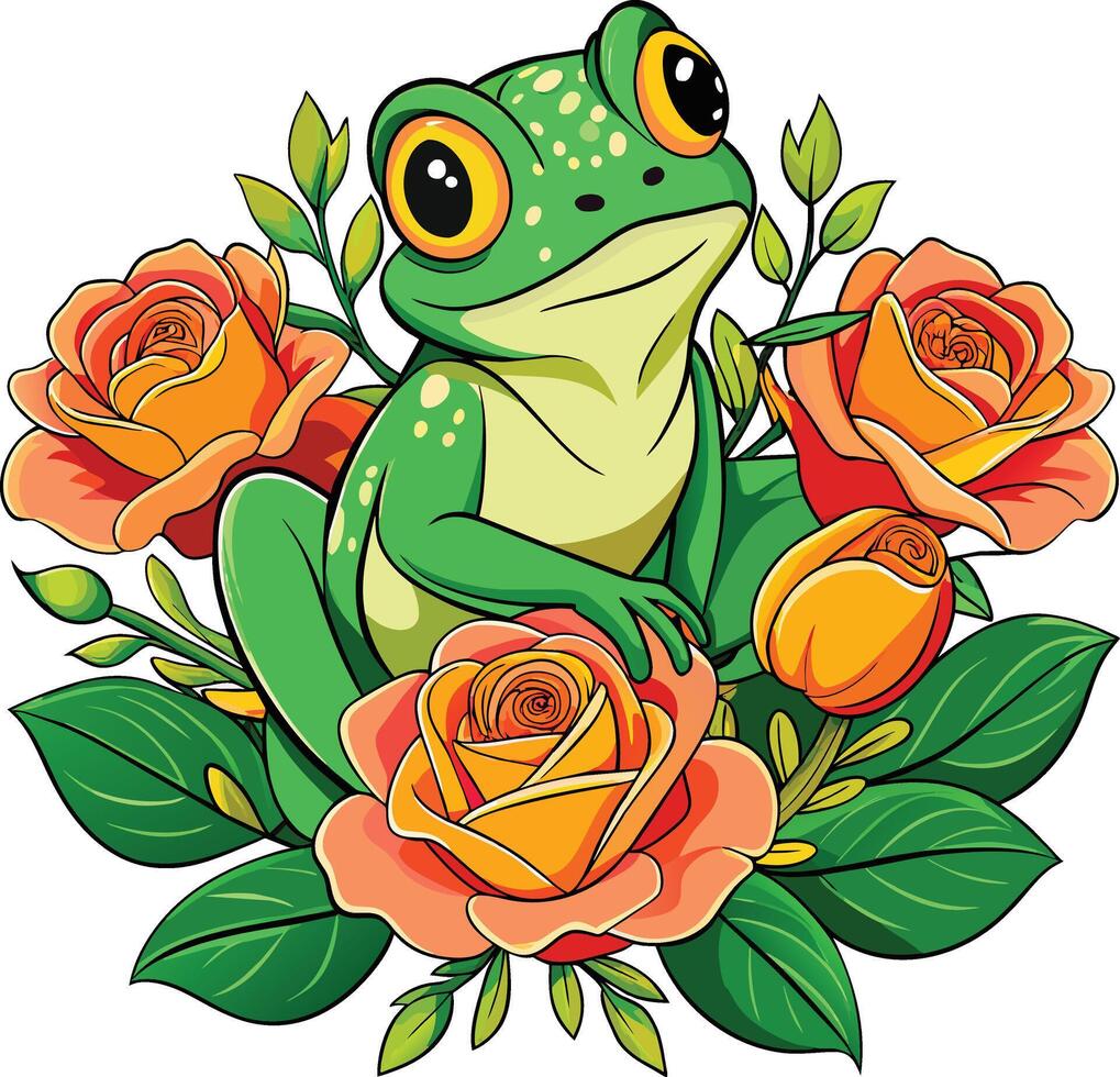 Cute cartoon frog sitting on a flower bouquet. Vector illustration.