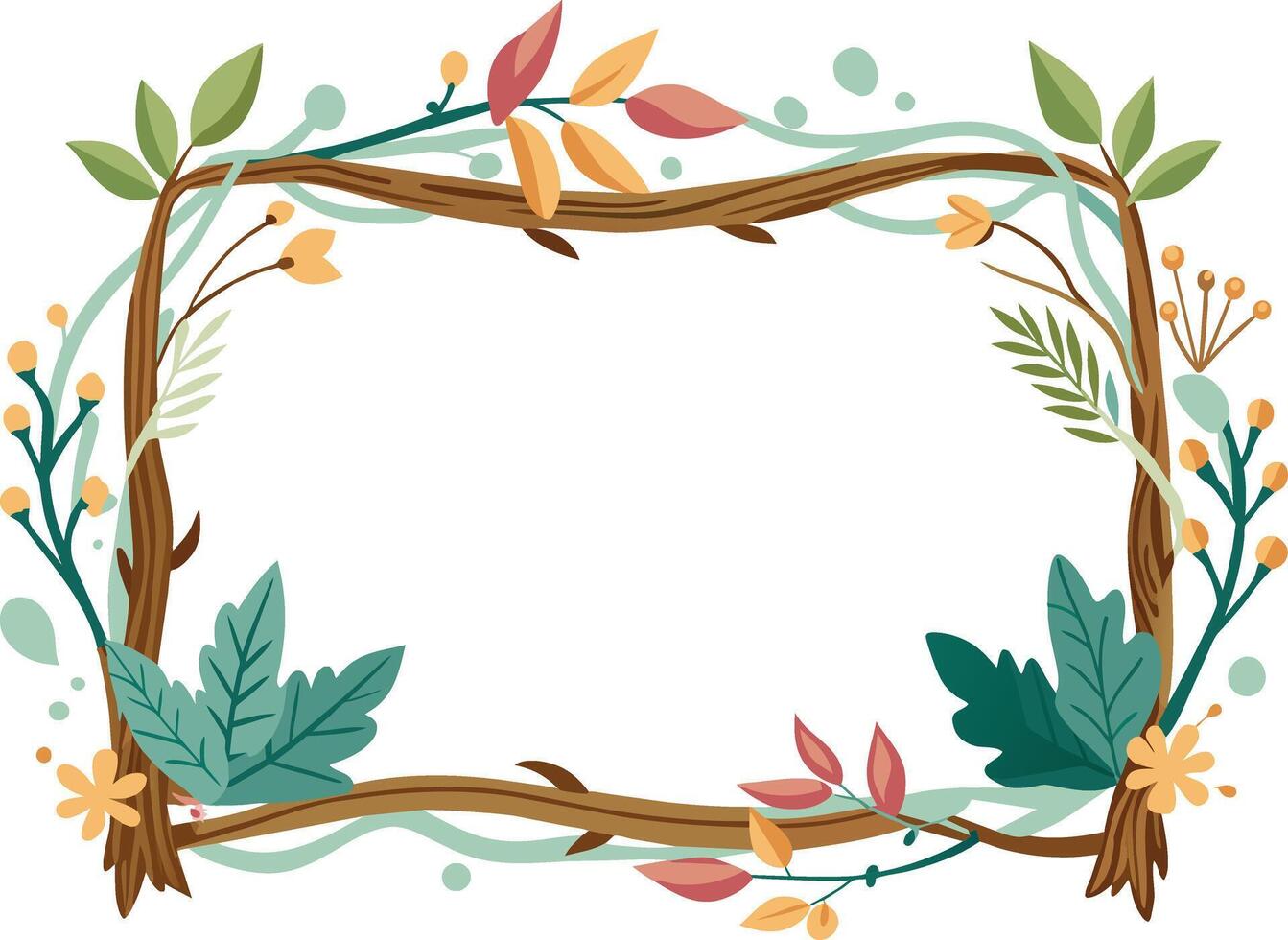 Decorative frame with leaves and flowers. Vector illustration in cartoon style.