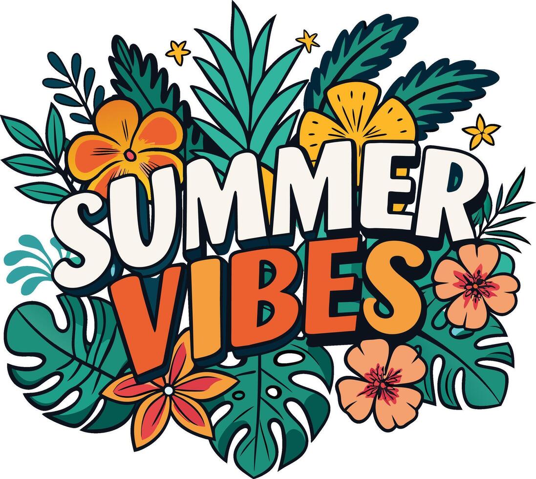 Summer vibes. Hand drawn lettering with hibiscus flowers. vector