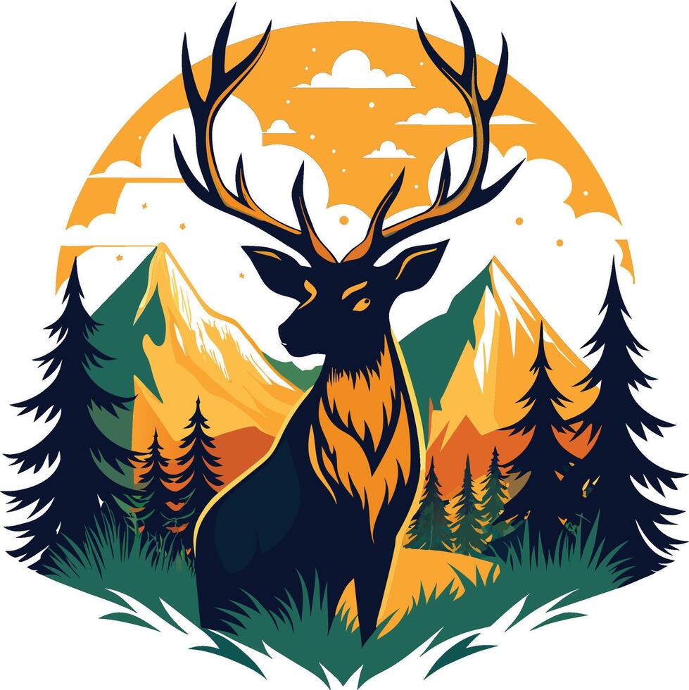 Deer in the forest on the background of the mountains. Vector illustration
