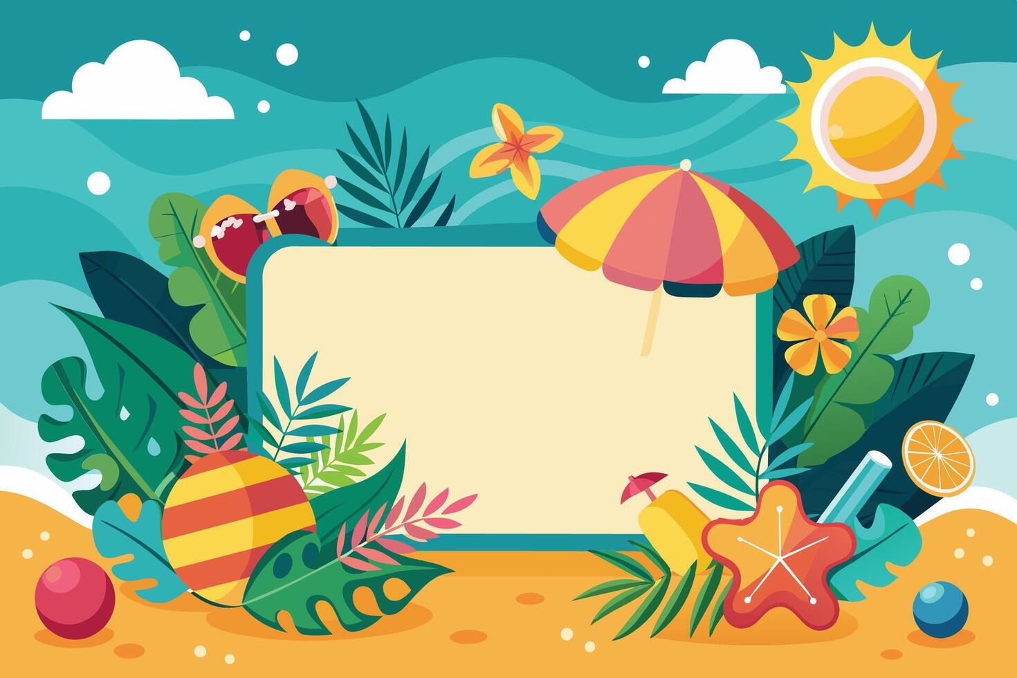 Summer vacation banner with tropical elements. Vector illustration in flat style.