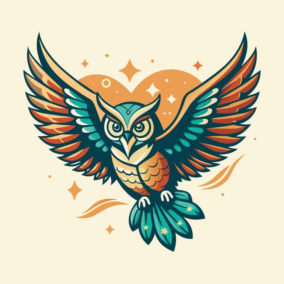 Owl with wings and stars. Vector illustration in retro style.