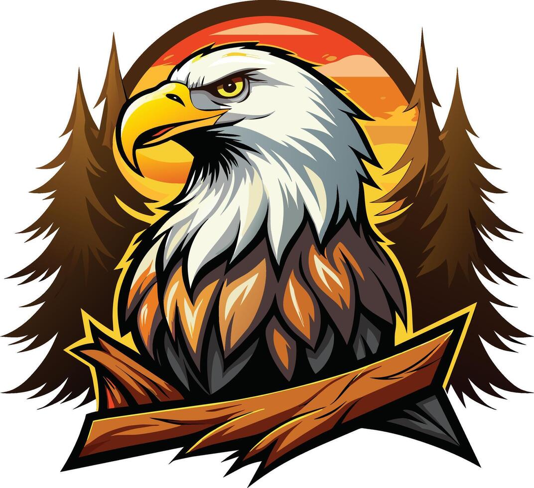 Eagle head mascot with sun and pine trees. Vector illustration.