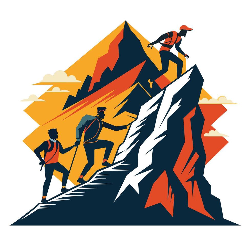 grupo de escaladores alpinismo arriba a el parte superior de el montaña, vector ilustración