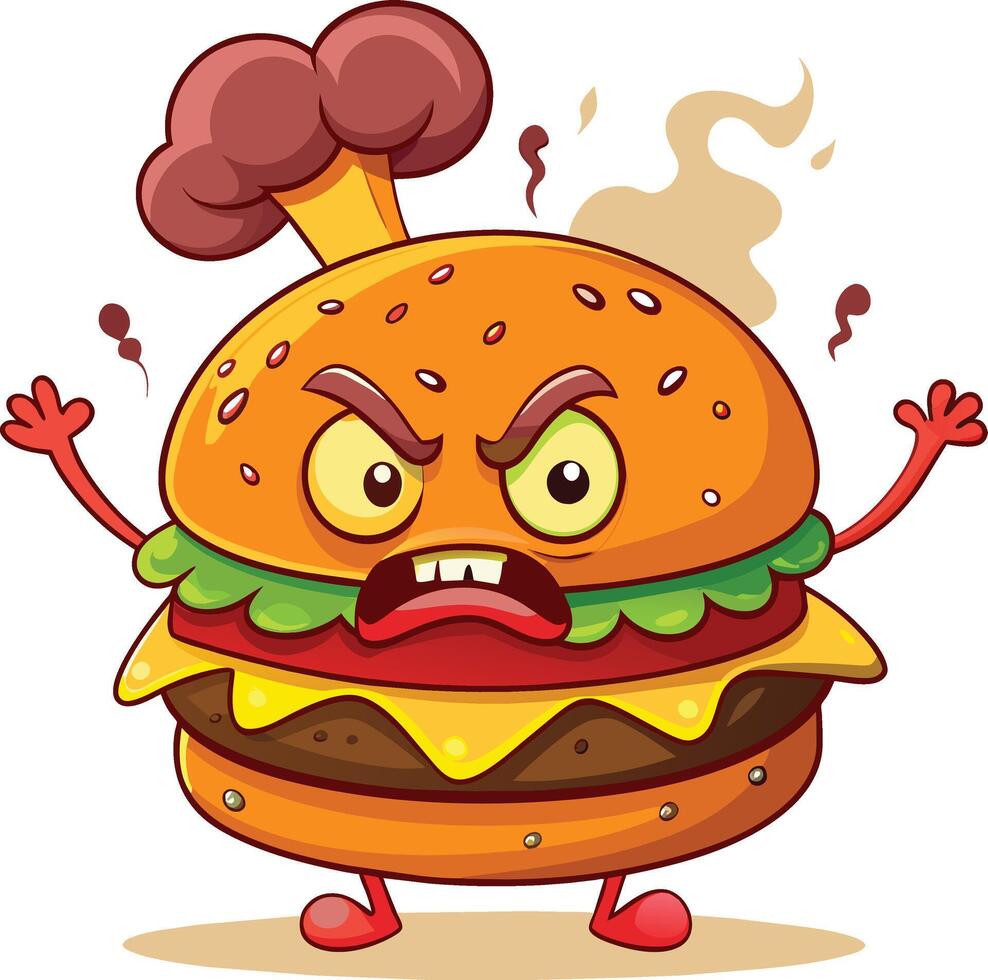gracioso hamburguesa con enojado rostro. vector ilustración en blanco antecedentes.