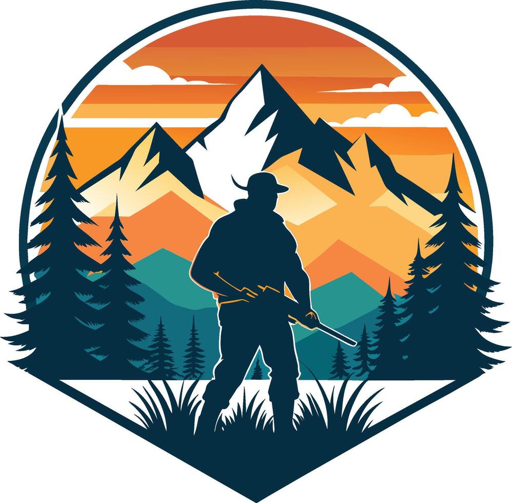 Mountaineer with a gun in the mountains. Vector illustration.