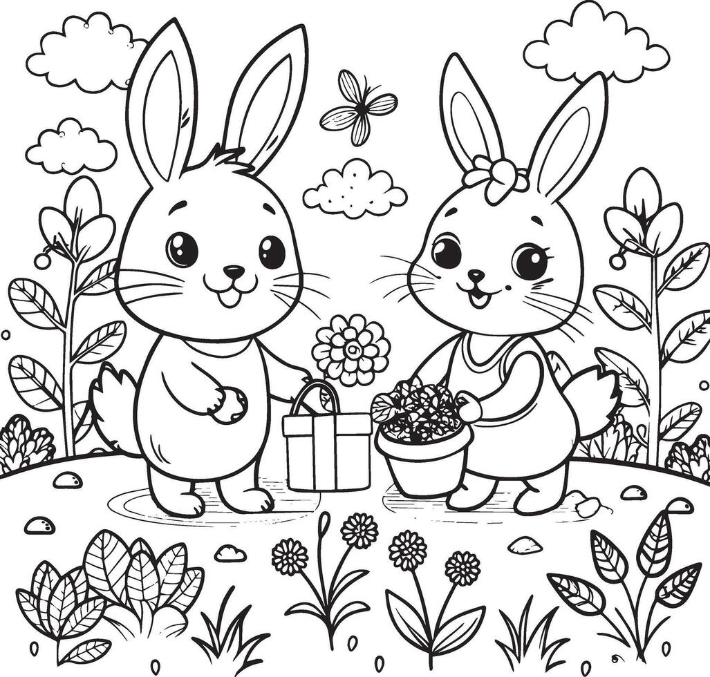 Kid Coloring Page Outline Of Cute Easter Bunnies in garden vector