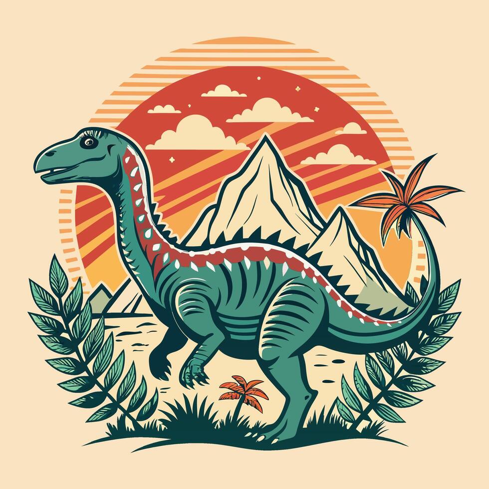 dinosaurio en el antecedentes de el sol, vector ilustración en retro estilo