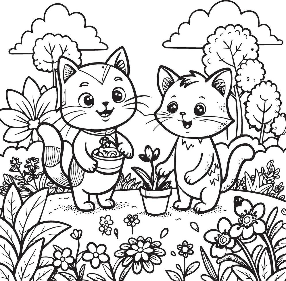 Coloring Page Outline Of cartoon 2 cat a with flowers. kid coloring page vector