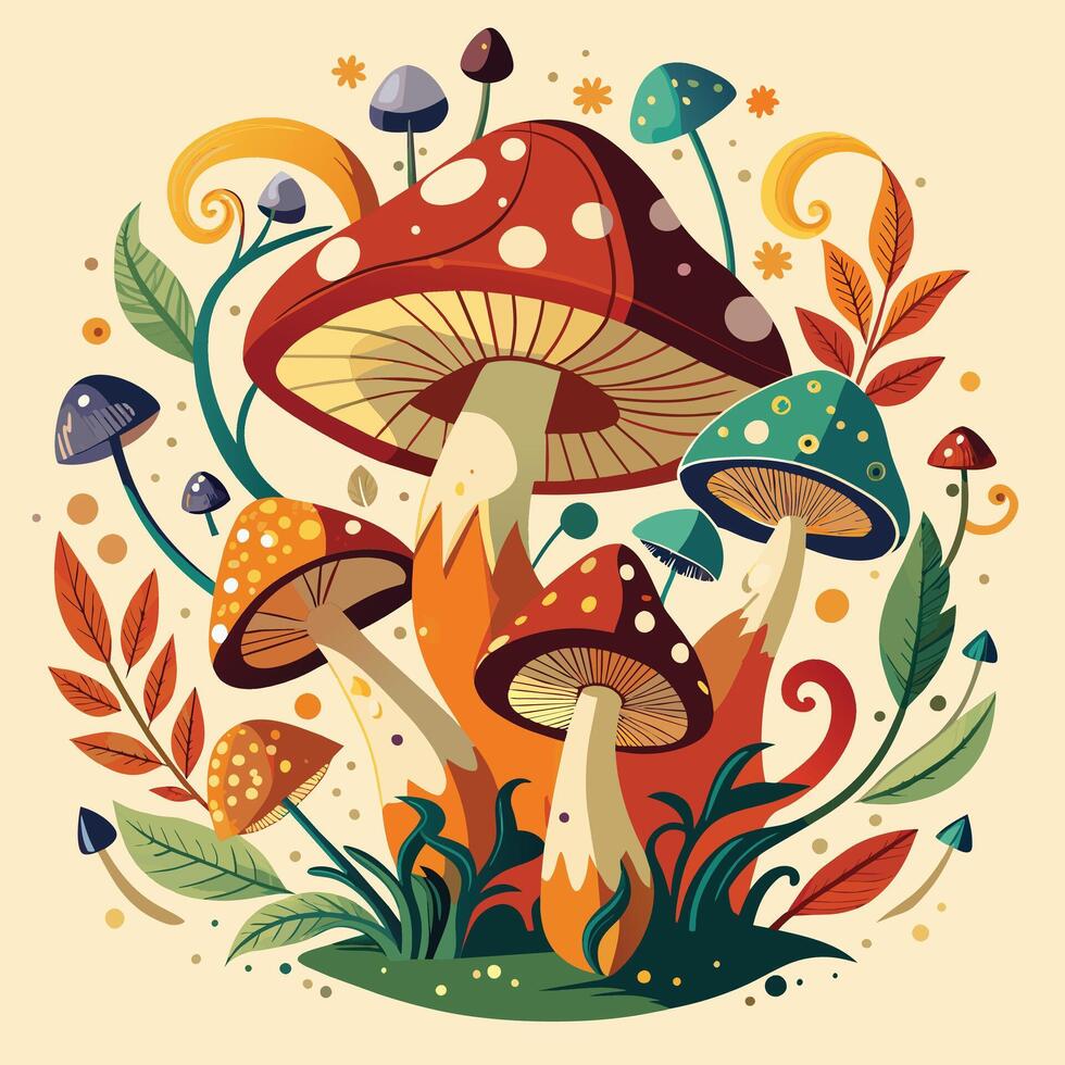 Mushrooms with leaves and berries.. Cartoon style. Vector illustration