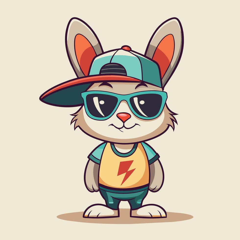 Cute Cartoon Hipster Bunny in a cap and sunglasses. Vector illustration