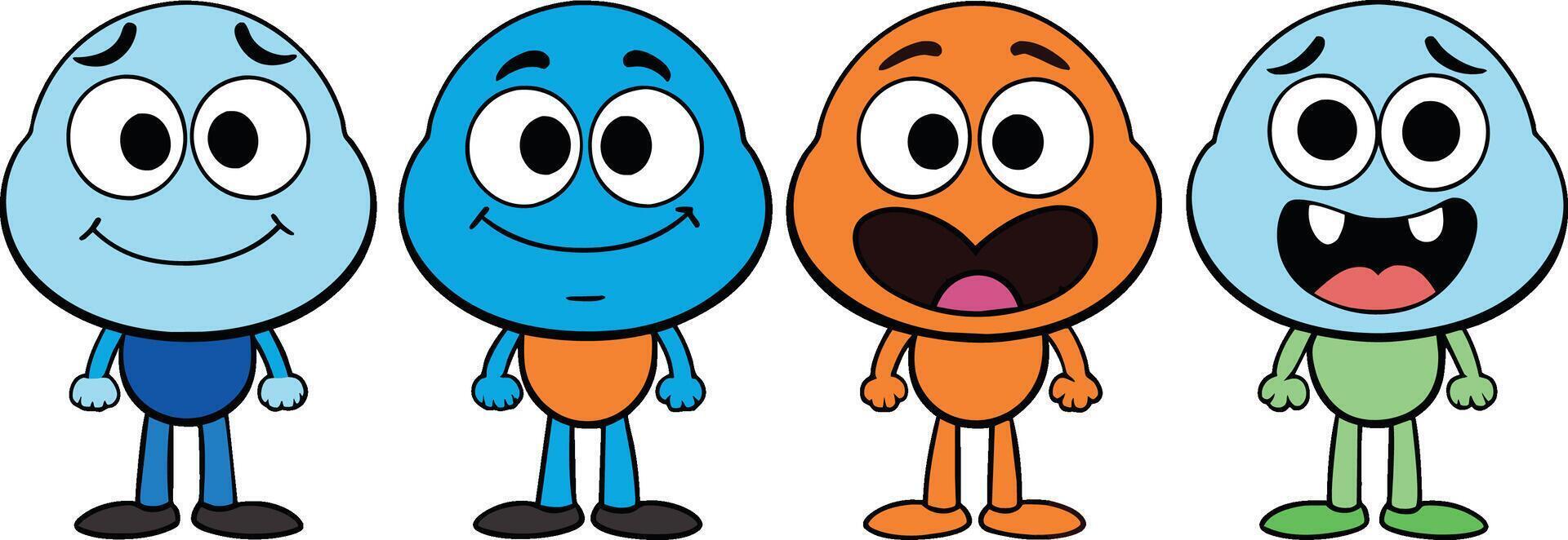 gracioso dibujos animados azul y naranja emoticones en blanco fondo, vector ilustración