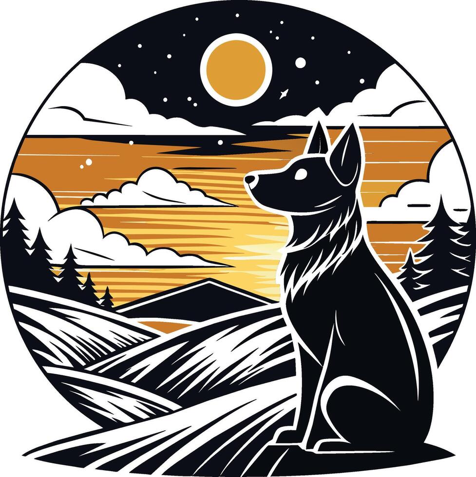 Vector illustration of a dog on the background of the night landscape.