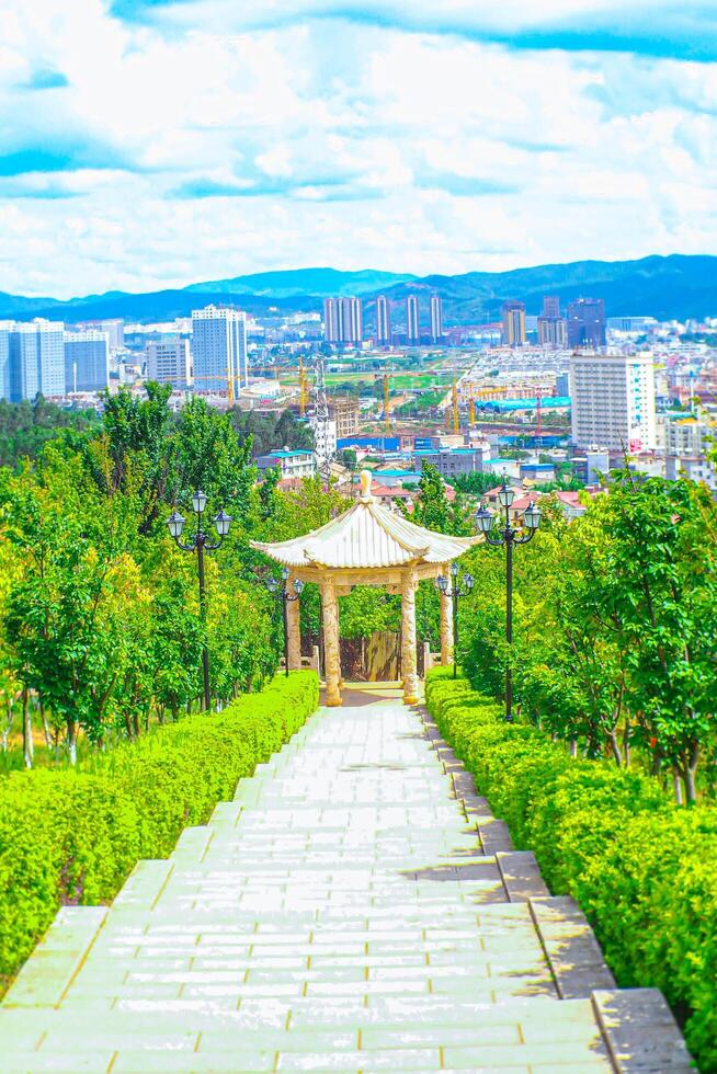 Aerial view of Chinese pagoda is a symbol of Buddhism in Chinese culture. Aerial Photography. Landscape. photo