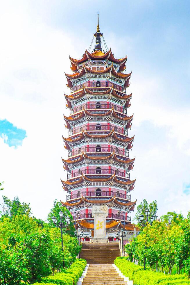 Aerial view of Chinese pagoda is a symbol of Buddhism in Chinese culture. Aerial Photography. Landscape. photo