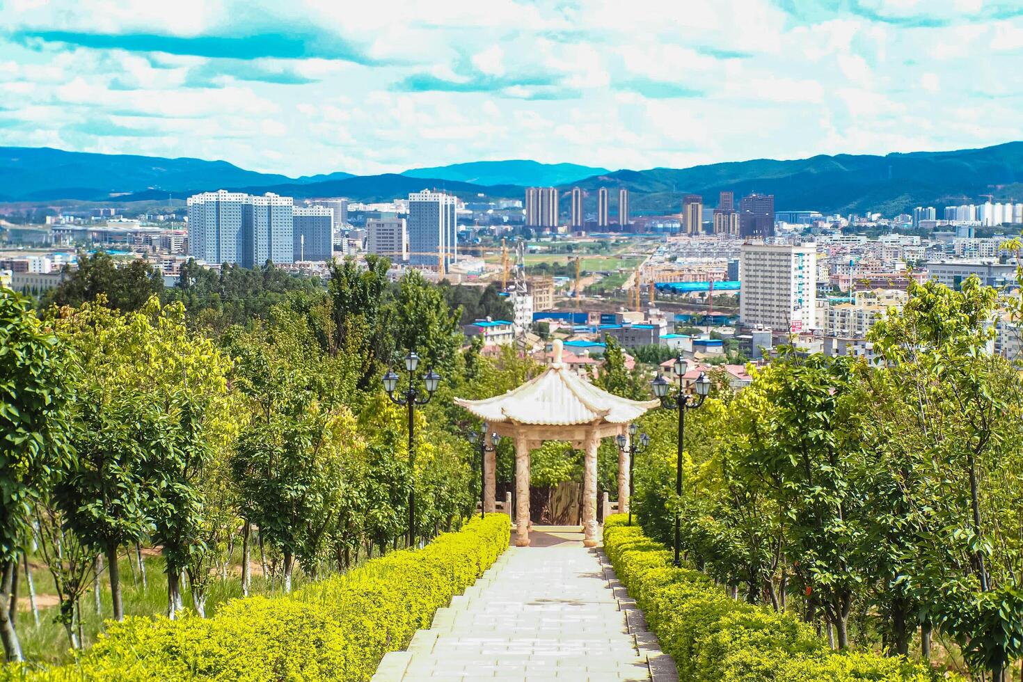 Aerial view of Chinese pagoda is a symbol of Buddhism in Chinese culture. Aerial Photography. Landscape. photo