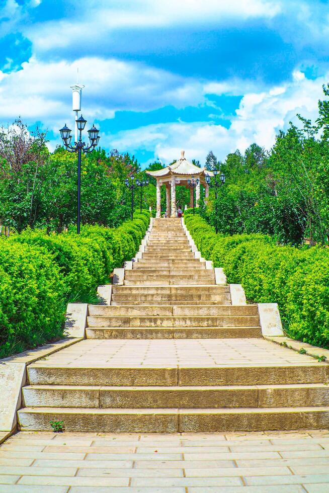 Aerial view of Chinese pagoda is a symbol of Buddhism in Chinese culture. Aerial Photography. Landscape. photo