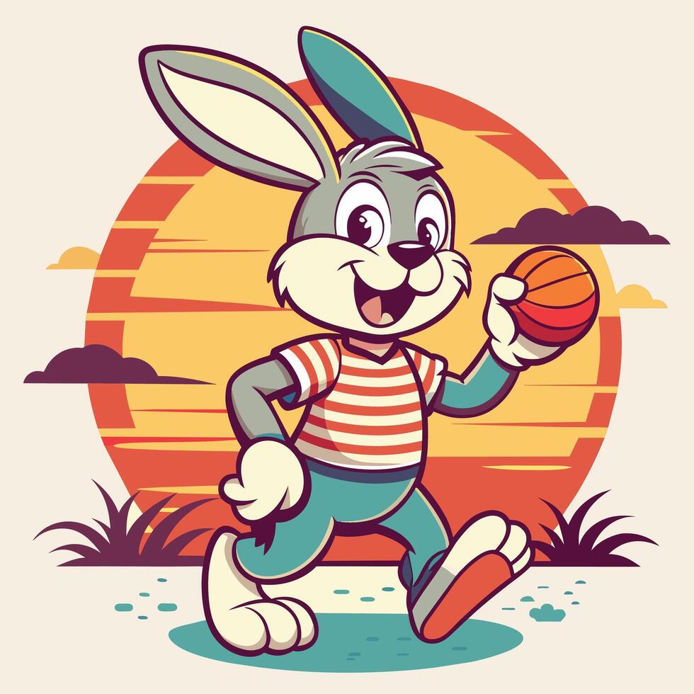 Pascua de Resurrección conejito jugando baloncesto en el playa. vector ilustración.