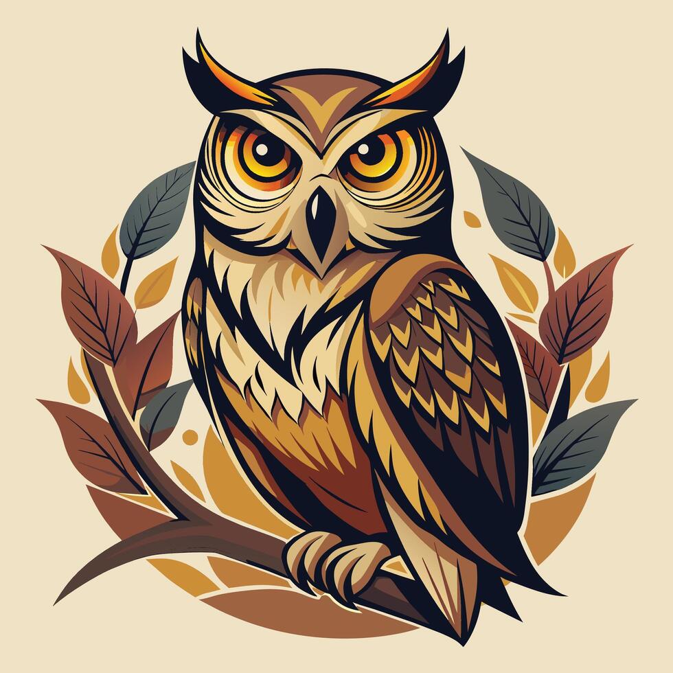 Owl sitting on a branch with leaves. Vector illustration in cartoon style.