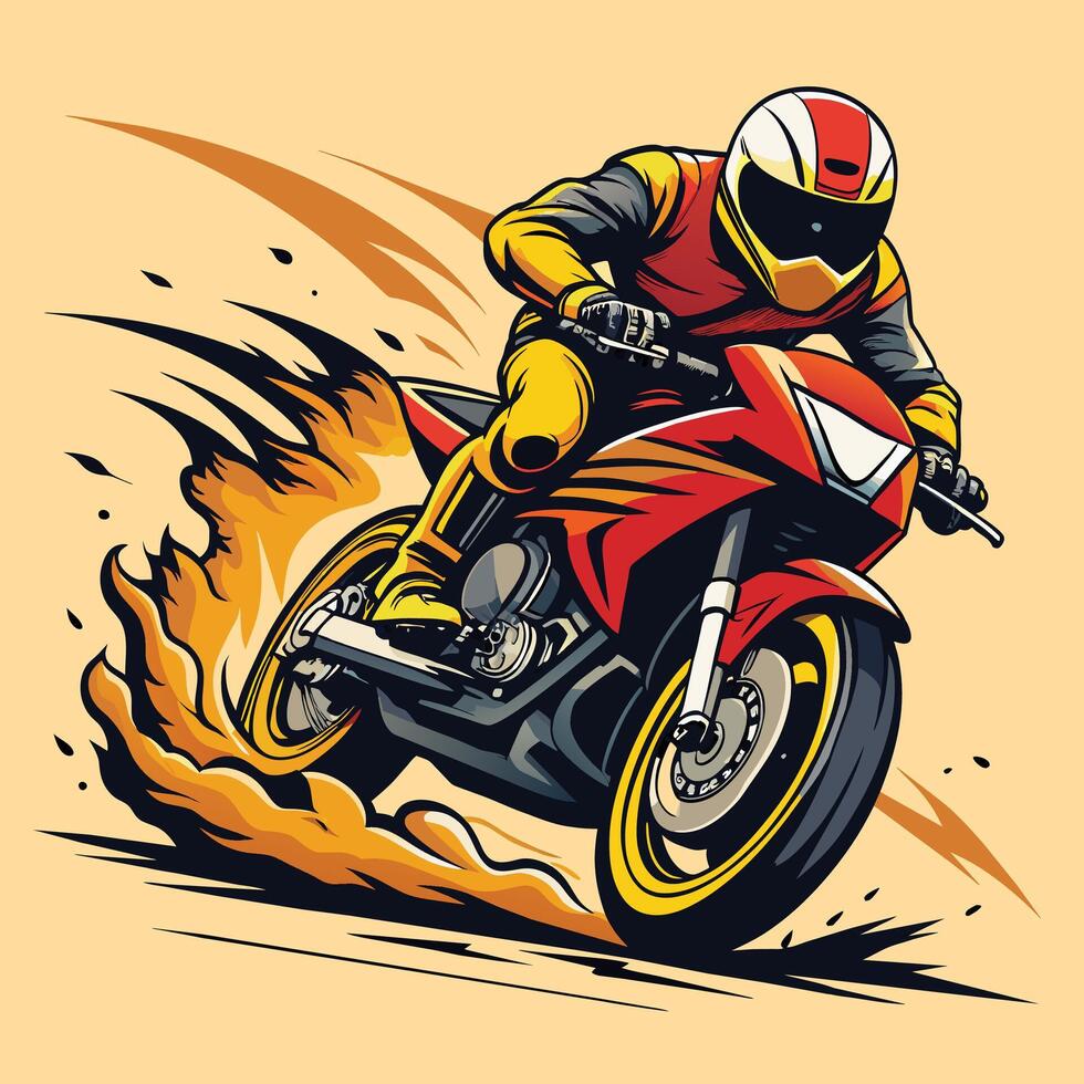 Vector illustration of a motorcyclist riding on a motorcycle in flames