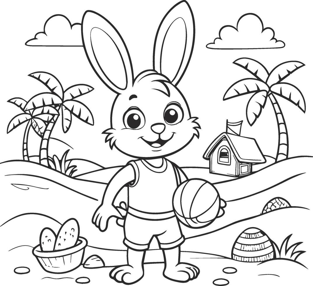 ilustración de Pascua de Resurrección conejito con pelota en el playa para colorante libro. niño colorante página vector