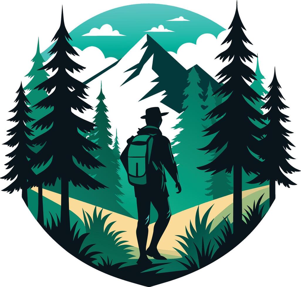 Hiking man with backpack in the forest and mountains. vector