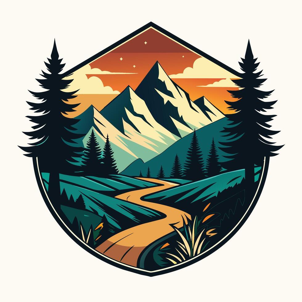 montaña paisaje con la carretera y bosque, en retro estilo vector