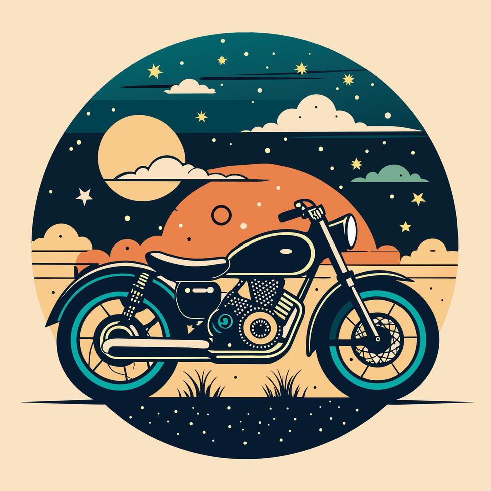 Vintage chopper motorcycle on the road at night, vector illustration