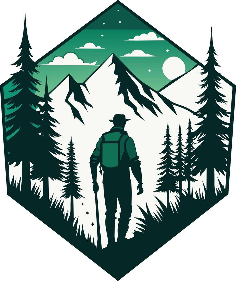 Mountaineer with a backpack on the background of the mountains, vector