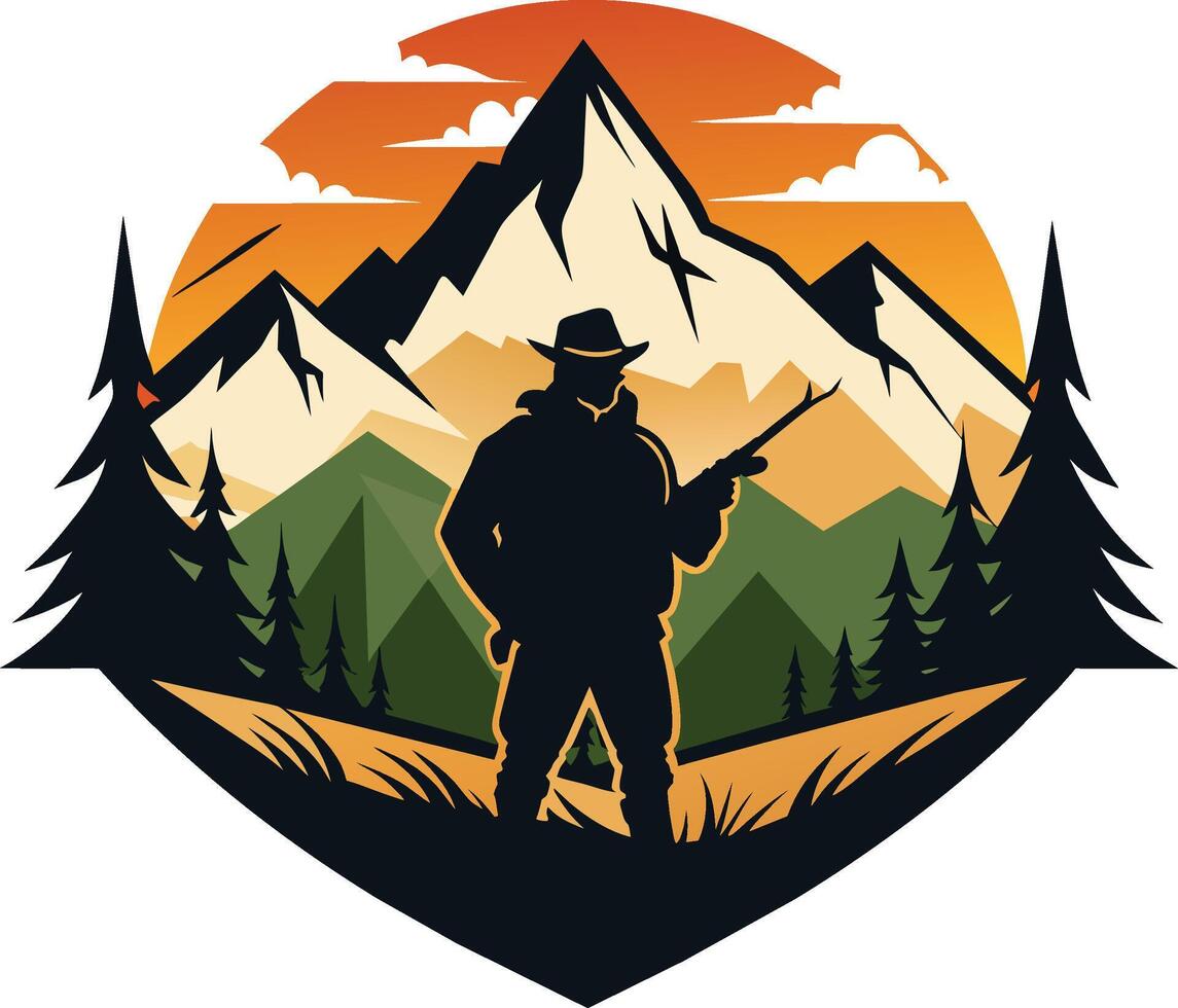 Hunter with a gun on the background of the mountains. Vector illustration